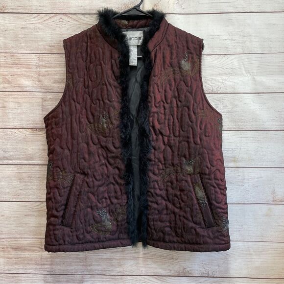 CHICOS WINE QUILTED VEST‎ WITH BLACK RABBIT FUR TRIM - Picture 1 of 5